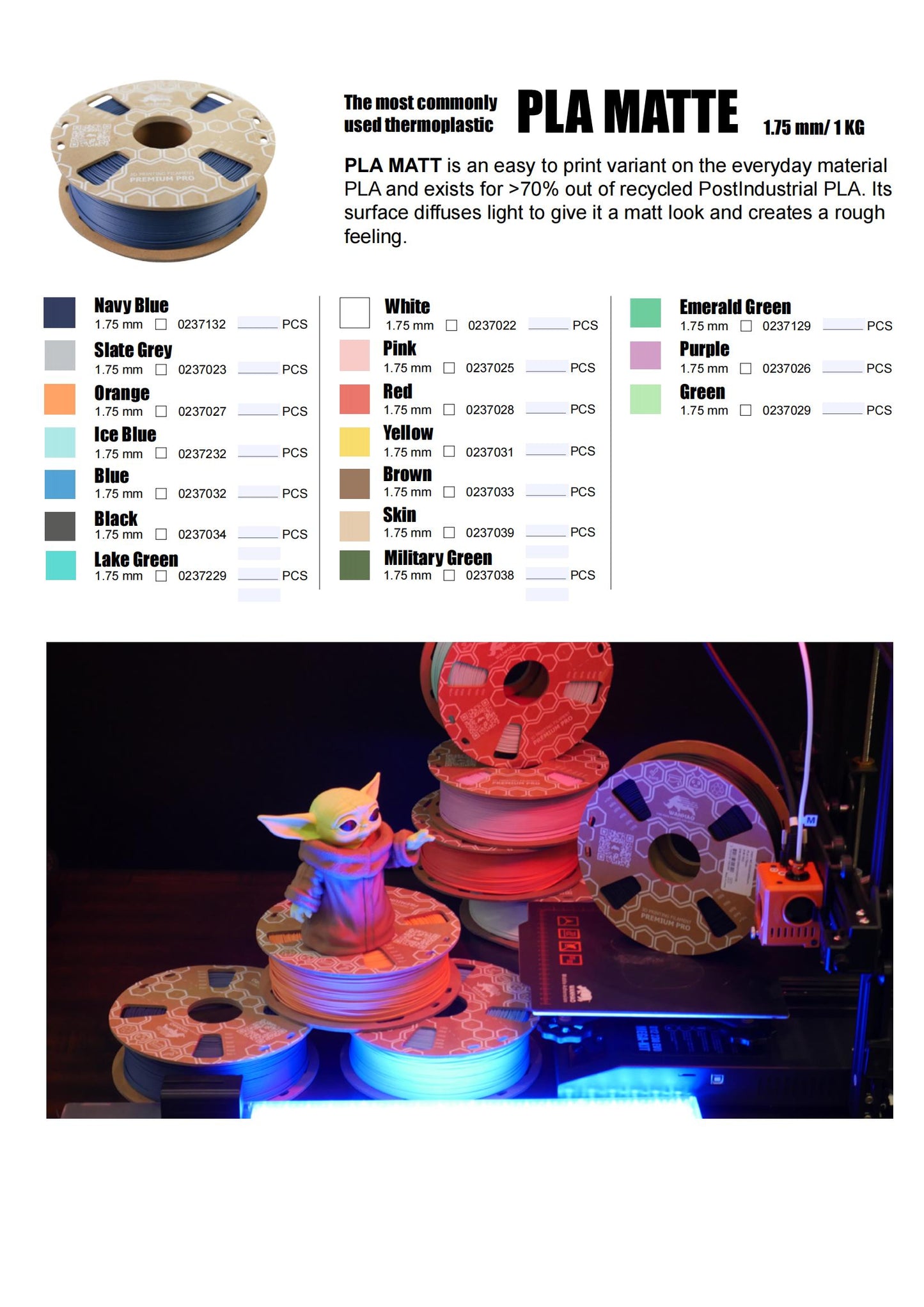 1.75mm Matte PLA 1kg/spool